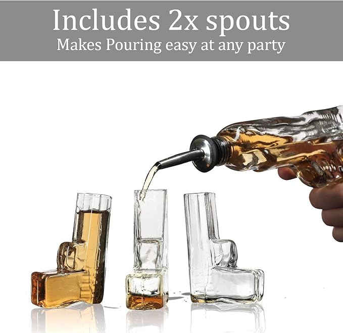 Pistol Whiskey Decanter Set & 6 Pistol Glasses - Unique Whiskey Set for Home Bar, Bourbon Gifts for Men, Birthday Gift for Dad, Liquor Dispenser, Personalized Gifts for Men - Carrying Case Included
