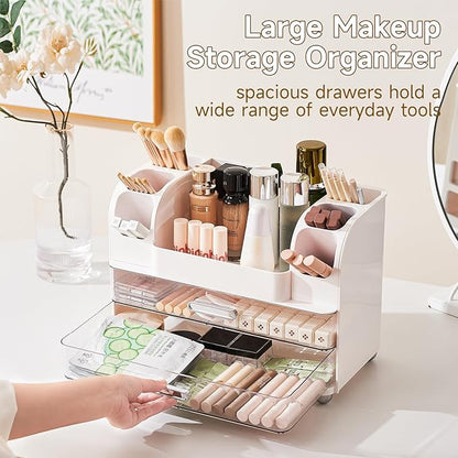 Makeup Organizer for Vanity with 2 Large Drawers, Cosmetic Display Case with Brush Holders, Easy to Storage for Bathroom Countertop Skincare, Desk Office Supplies, White