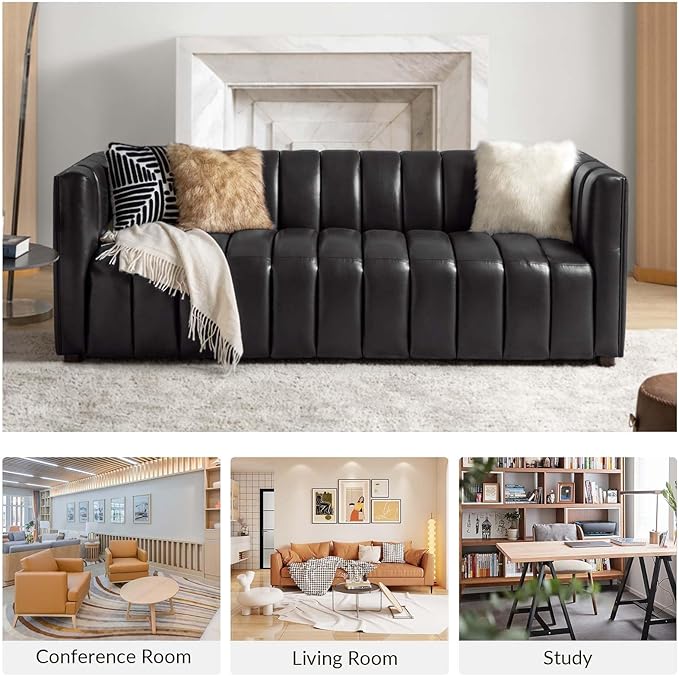 HULALA HOME 83" Genuine Leather Sofa with Channel Tufted Design, 3-Seater Sofa for Living Room Bedroom, Modern Oversized Couch with Wood Legs, Black