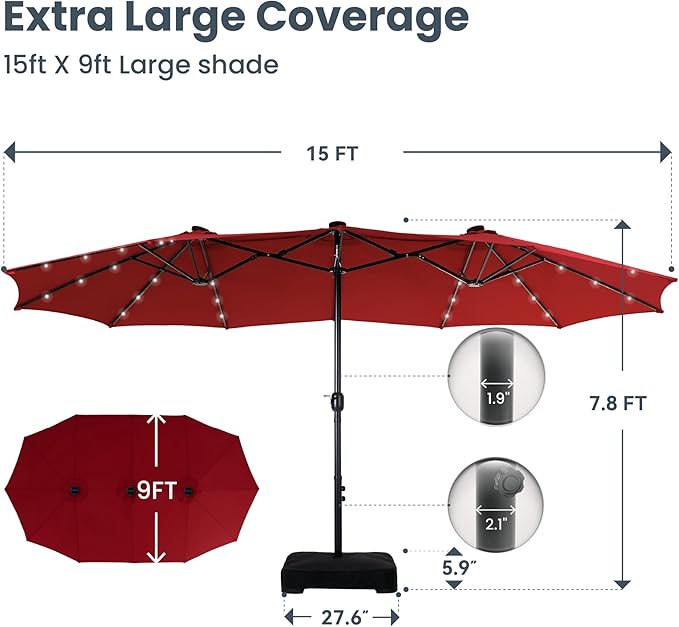 PHI VILLA 15ft Large Patio Umbrellas with 36 LED Solar Lights, Double-Sided Outdoor Market Rectangle Umbrellas, Base (Stand) Included, Dark Red