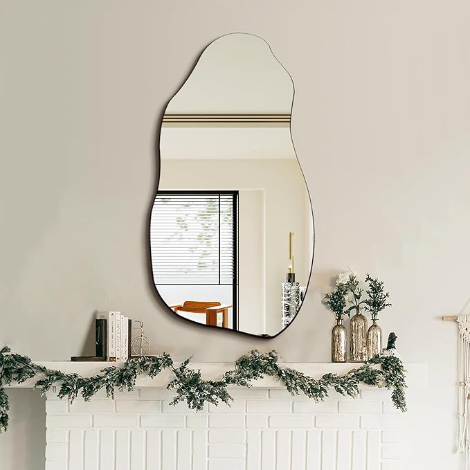 Irregular Asymmetrical Wall Mirror for Living Room Bathroom Entryway, Modern Decorative Mirror Hanging (Hook Style, 32'' x 18'')