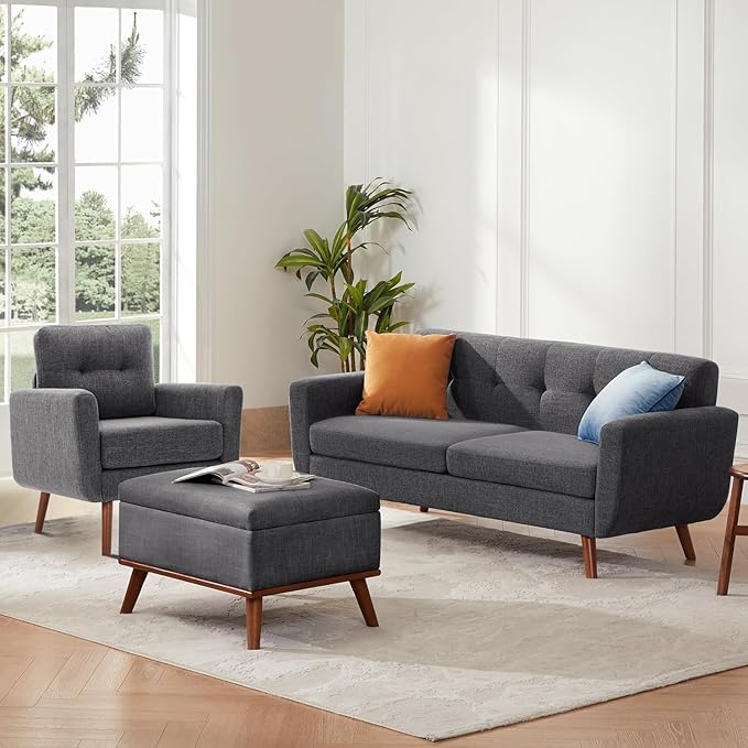 Tbfit Accent Chair, Reading Chair for Living Room & Bedroom, Mid Century Modern Arm Chair, Button Tufted Upholstered Accent Chairs Sofa with Solid Wood Frame (Stone Grey)