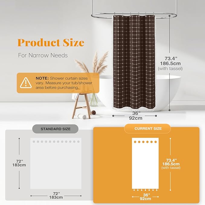 BTTN Boho Shower Stall Curtain - 36x72 Narrow Linen Ultra Thick Tassel Fabric Cloth Shower Curtain Set with 6 Plastic Hooks, Half Camper RV Modern Farmhouse Country Shower Curtains for Bathroom, Brown