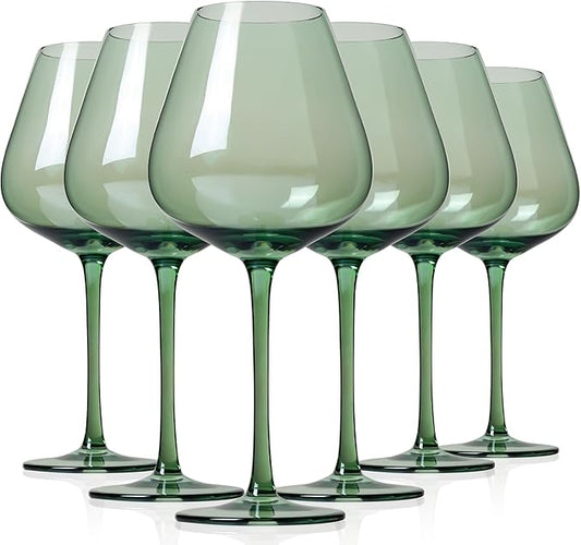 Physkoa Sage Green Wine Glasses Set of 6-18oz, Long Stem, Universal Size for White and Red Wine - Cool Green Table Decorate for Wedding Deco