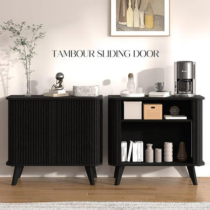 Fluted Sideboard Buffet Cabinet with Storage, 27” Curvy Edge Accent Storage Cabinet with Sliding Doors & Shelves, Modern Sideboard Credenza Console for Kitchen, Living Room, Entryway, Black