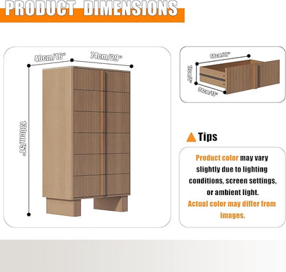 Fluted Dresser for Bedroom with 6 Drawers, 51'' H Modern Chest of Drawers with Wooden Handle, Wooden Dresser TV Stand, Wood Closet Clothes Storage Organizer for Living Room, Hallway, Natural Oak