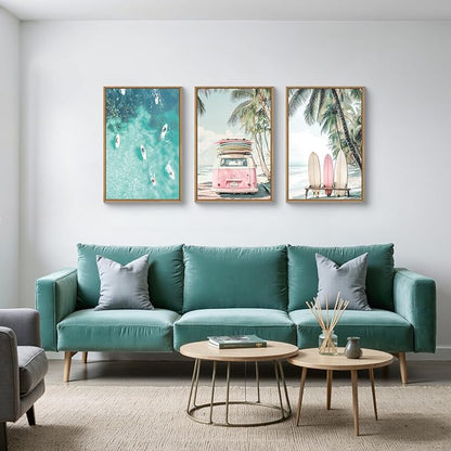 HOURIA Summer Surfboard Beach Framed Canvas Wall Art Set,Modern Ocean Surfing Seascape Wall Decor,Coastal Bus Coconut Tree Wall Painting,Nature Botanical Art Prints for Living Room, Bedroom-16 x24 x3