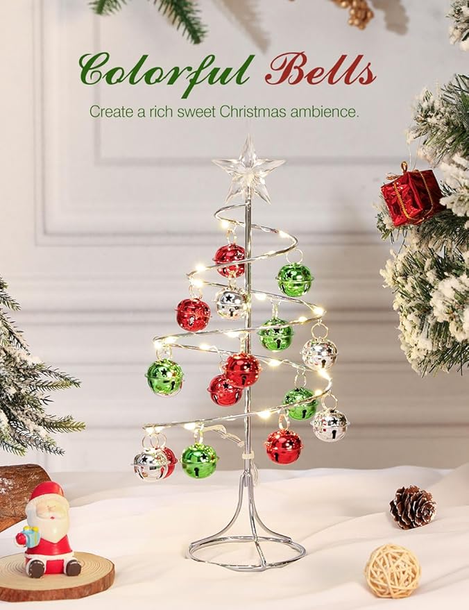 Lewondr Christmas Table Lamp, USB/Battery Powered Spiral Christmas Tree Desk Lamp with Star Topper, Decorative Christmas Tree Light with Red/Green Hanging Bells for Home Bedroom Xmas Party, Red/Green