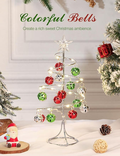 Lewondr Christmas Table Lamp, USB/Battery Powered Spiral Christmas Tree Desk Lamp with Star Topper, Decorative Christmas Tree Light with Red/Green Hanging Bells for Home Bedroom Xmas Party, Red/Green