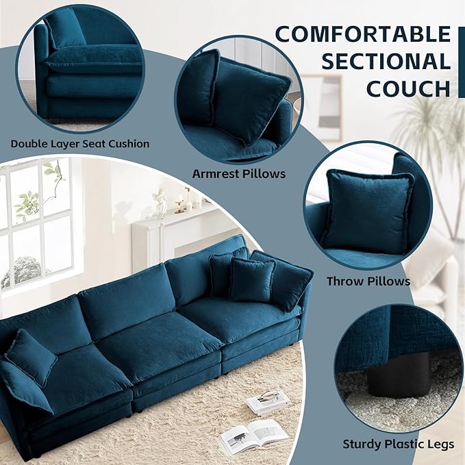 SoarFlash Chenille Sectional Sofa, Comfy Modular Loveseat Sofa, Modern 3-Seat Couch Deep Seat Sofa Set for Living Room,Deep Blue