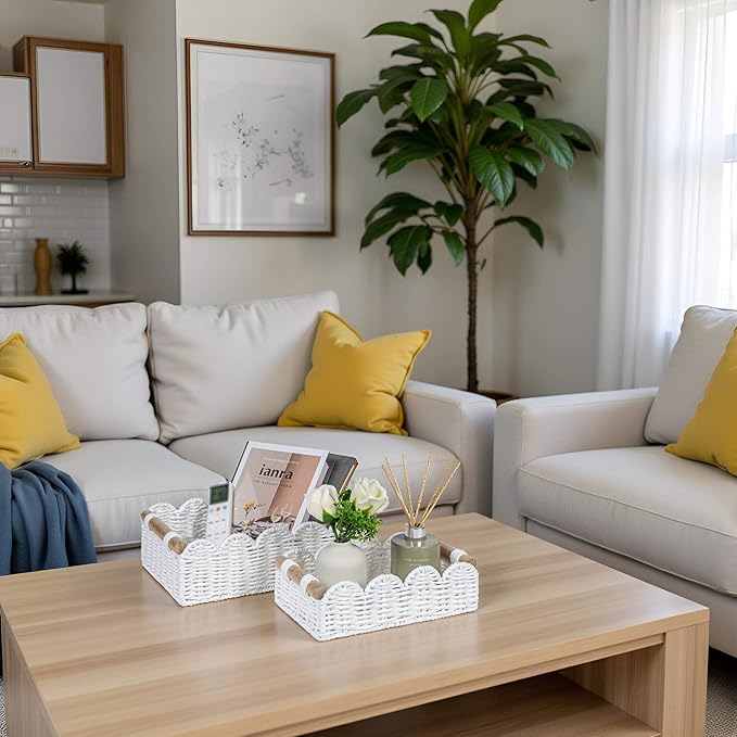 CubesLand Scalloped Edge Toilet Paper Storage Basket, Living Room Home Cozy Decor Basket, Paper Rope Small Baskets for Over Toilet Storage Shelf, Shelves, with 2 Wooden Handles, White