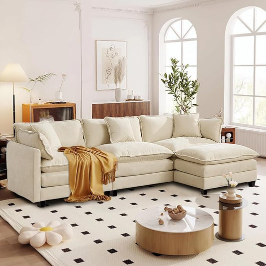 SoarFlash 107.4" Chenille Sectional Sofa, Comfy L Shaped Modular Coush Sofa with Ottoman, Modern 4 Seat Couch Deep Seat Sofa Set for Living Room,Beige