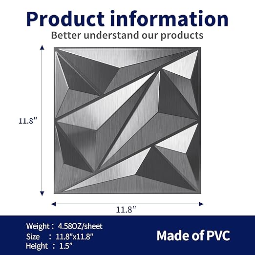 Art3dwallpanels 33 Pack 3D Wall Panel Diamond for Interior Wall Décor, PVC Textured Wall Panels, 12''x12'' Cover 32.Sq.Ft. Silver