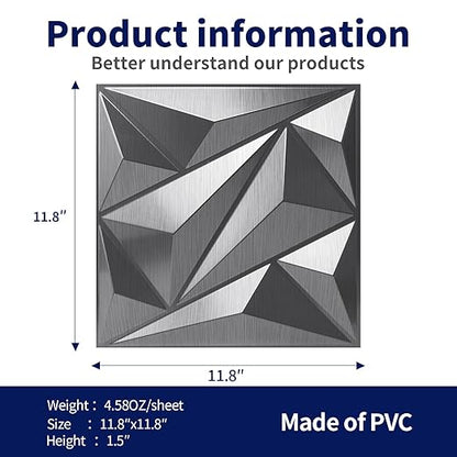Art3dwallpanels 33 Pack 3D Wall Panel Diamond for Interior Wall Décor, PVC Textured Wall Panels, 12''x12'' Cover 32.Sq.Ft. Silver