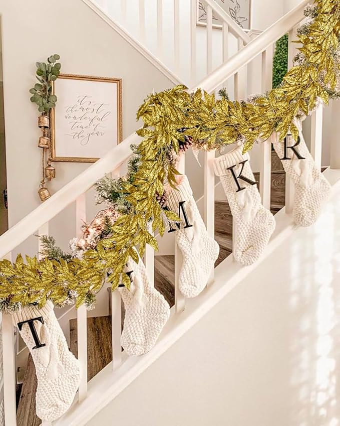 3 Pcs 6FT Christmas Garland Gold Glittered Artificial Magnolia Leaves for Mantle Christmas Tree Decorations Indoor Outdoor Hanging Garland Ornaments Garden Door Wall Window Stair Holiday Home Decor