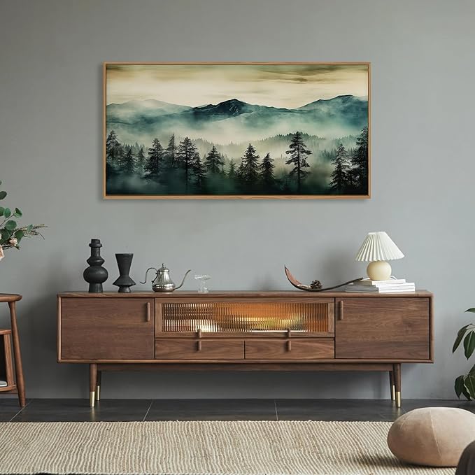 HOURIA Large Boho Mountain Forest Framed Canvas Wall Art Set,Nature Foggy Woodland Wall Decor,Modern Pine Tree Artwork,Watercolor Botanical Art Print for Living Room,Bedroom,Farmhouse- 20"×40"×1