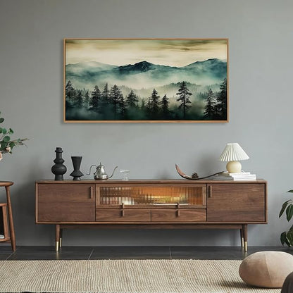 HOURIA Large Boho Mountain Forest Framed Canvas Wall Art Set,Nature Foggy Woodland Wall Decor,Modern Pine Tree Artwork,Watercolor Botanical Art Print for Living Room,Bedroom,Farmhouse- 20"×40"×1
