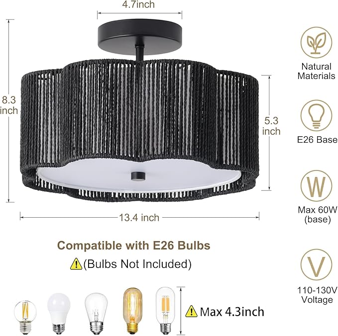 Rattan Ceiling Light Fixtures Flush Mount,3-Light Boho Light Fixtures Ceiling Mount for Bedroom,Close to Ceiling Light Modern Rattan Chandelier Lighting for Hallway Kitchen Dining Room(Black)