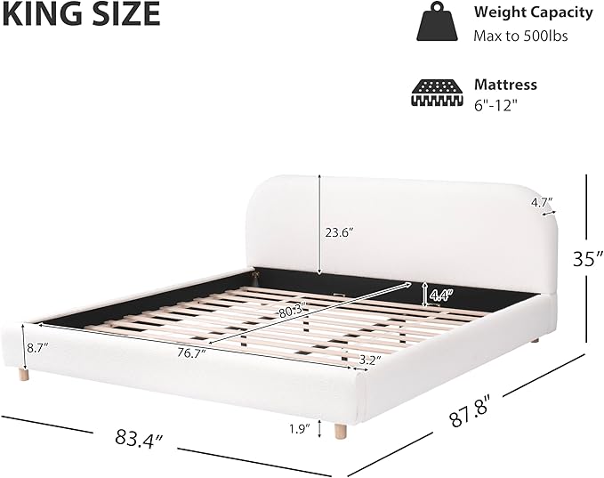 King Size Bed Frame, Upholstered Cloud Boucle Platform Beds Frames with Headboard, Anti-Collision Soft Rounded Corners Footboard, No Box Spring Required, Easy Assembly (35" White, King)