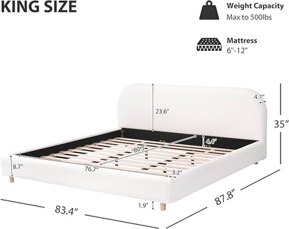King Size Bed Frame, Upholstered Cloud Boucle Platform Beds Frames with Headboard, Anti-Collision Soft Rounded Corners Footboard, No Box Spring Required, Easy Assembly (35" White, King)