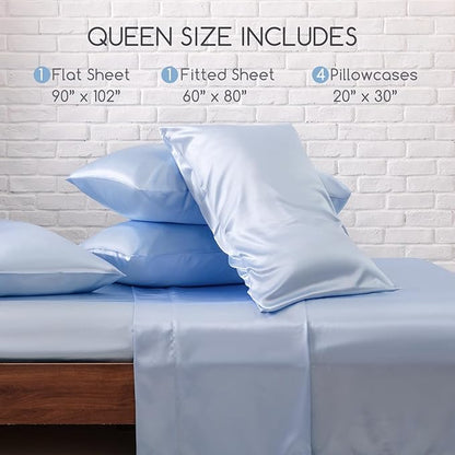 MR&HM Satin Bed Sheets, Queen Size Sheets Set, 6 Pcs Silky Bedding Set with 15 Inches Deep Pocket for Mattress (Queen, Light Blue)