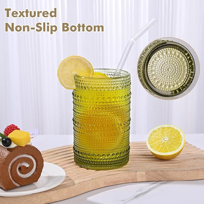 Vintage Hobnail Drinking Glasses Set of 8 Green 12 oz & 15oz Highball Glass Cups Kitchen Drinkware Glassware Embossed