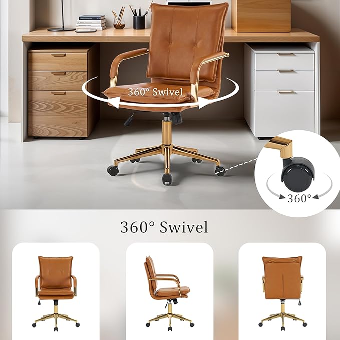 MOJAY Mid-Back Ergonomic Leather Office Chair, Modern Upholstered Executive Desk Chair with Gold Frame Armrest Computer Task Chair (Camel)