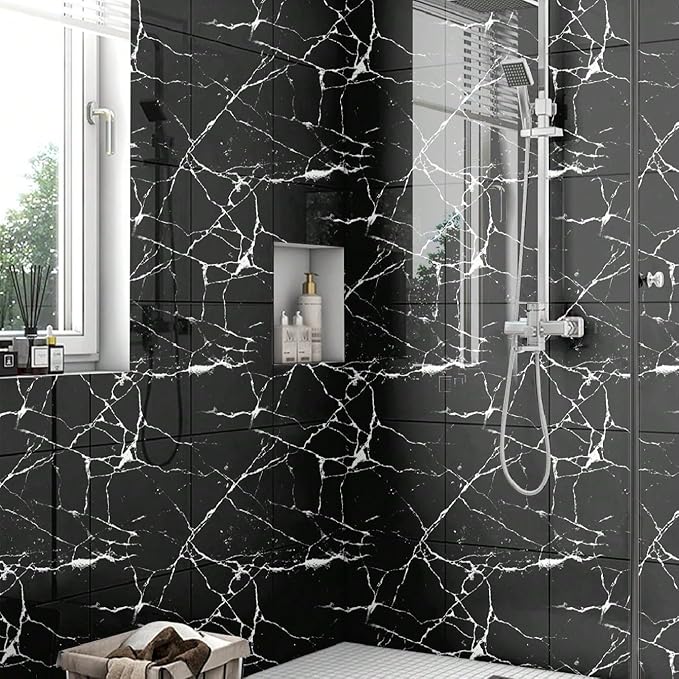 22pcs Marble Peel and Stick Backsplash Waterproof Washroom Wall Panels, Peel and Stick Tile, PVC Foam Wall Panels for Kitchen,Bathroom,living room,Black Wallpaper(Not Real Tile,11.8" x 11.8")