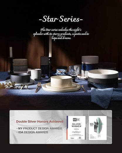 Famiware Star Plates and Bowls Sets, Modern Stoneware Dinnerware Sets for 6, 18-Piece Kitchen Dish Set - Chip and Scratch Resistant, Microwave and Dishwasher Safe Tableware, Matte White