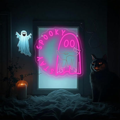 Ghost holding a cat Stay Spooky Neon Sign, Funny Halloween Party Wall Decor, Spooky Season Room Sign for Boo Wall Decor Neon Light for Bar Man Cave Home Yard Decoration Funny Spooky Vibes-Pink