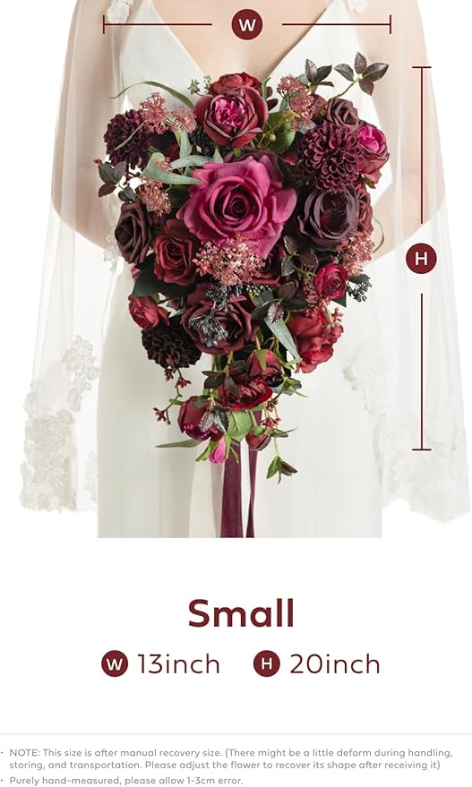 Ling's Moment Red Bridal Bouquet Cascading, Burgundy Wedding Bouquets for Bride, 13 Inch Bride Bouquets for Wedding Artificial Flowers Bouquets