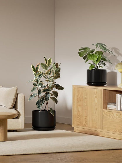 LE TAUCI 12 Inch Pots for Plants, Ceramic Plant Pots with Drainage Holes and Saucers, Elegant and Durable Large Plant Pot, Perfect for Home & Office Decor, Black