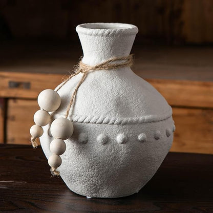 Rustic Ceramic Vase with Boho Wooden Beads, Matte Decorative Pottery for Modern Farmhouse and Bohemian Decor, Floral Arrangements, Living Room, Table Centerpieces
