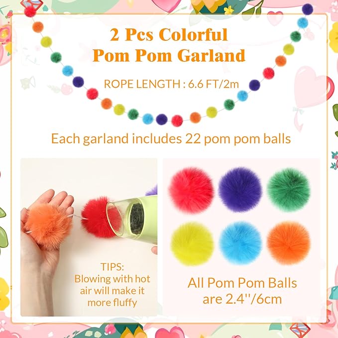 2 Pack Large Pom Poms Garland Hanging Decorations Colorful Soft Faux Rabbit Fur Ball Garland for Easter Xmas Holiday Wedding Baby Shower Birthday Party Supplies(Bright Color,2.36 Inch)