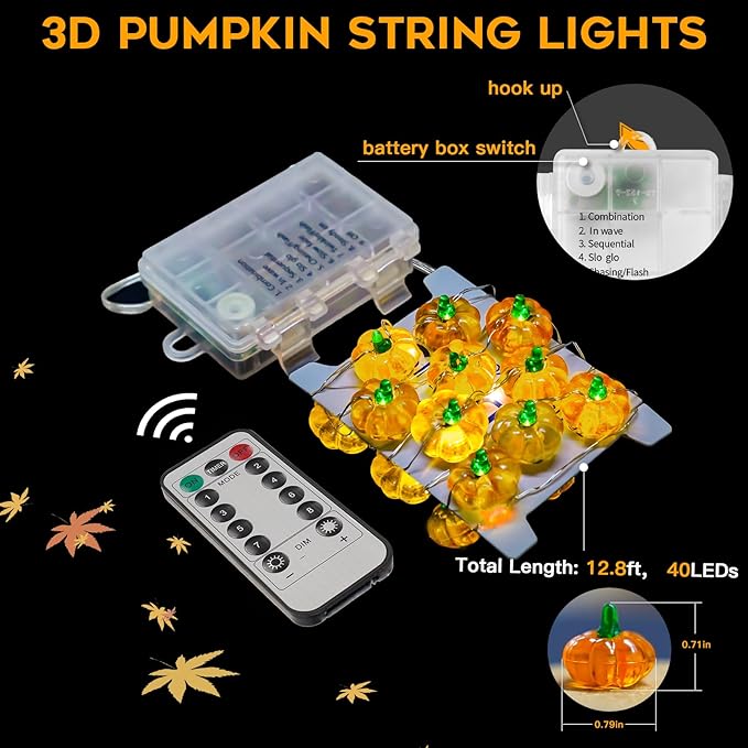 suddus 3D Pumpkin String Lights, 12.8ft 40 LED Fall Fairy Lights Battery Operated with Remote& 8 Modes & Timer, Waterproof Orange Lights for Indoor Outdoor Home, Party, Harvest Thanksgiving Décor