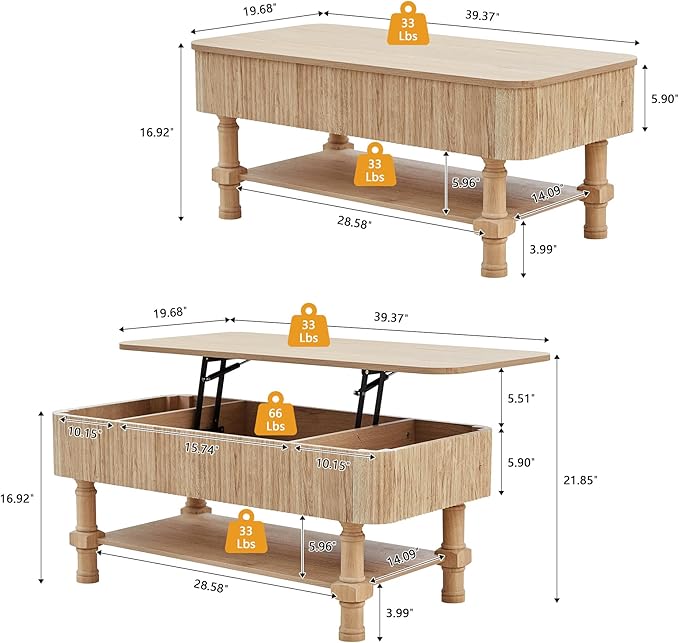 39” Large Lift Top Coffee Table with Hidden Storage Compartment, Fluted Coffee Tables Fully Assembled Wooden Center Table, Mid Century Modern Lift Tabletop Dining Tables for Living Room Office,Natural