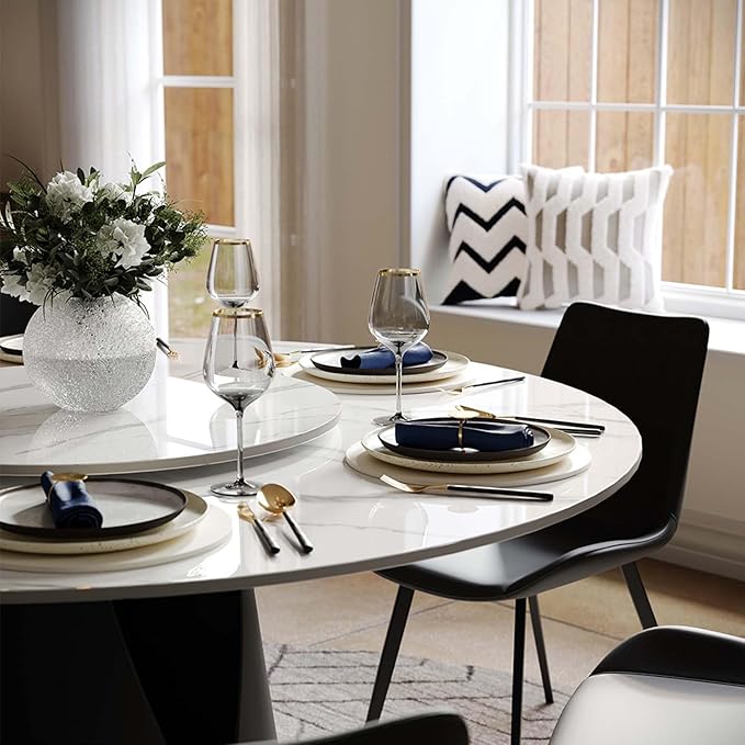 POVISON Round Dining Table for 6 with Lazy Susan, 59" Modern Round Dining Room Table, Glossy White Sintered Stone Tabletop with Black Carbon Steel Pedestal (Dining Table Only)