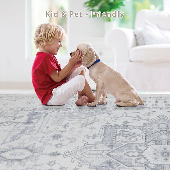 Area Rug 6x9 Washable Area Rugs for Living Room- Ultra Soft Non-Shedding Faux Wool Bedroom Rug Large Grey Vintage Print Rugs with Non Slip Rubber- Indoor Retro Foldable Carpet for Dining Room