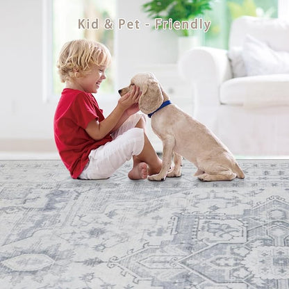 Area Rug 6x9 Washable Area Rugs for Living Room- Ultra Soft Non-Shedding Faux Wool Bedroom Rug Large Grey Vintage Print Rugs with Non Slip Rubber- Indoor Retro Foldable Carpet for Dining Room