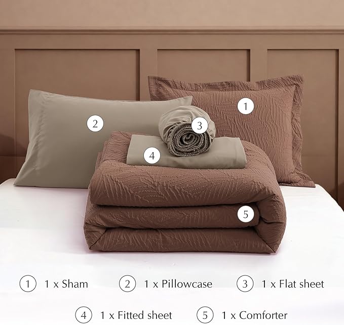 Geniospin Twin Comforter Set - 5 Pieces Brown Textured Bed in Bag, Twin Bedding Sets with Comforter, Sheets, Pillowcases & Shams，All Season Brown Bedding