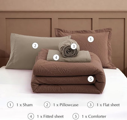 Geniospin Twin Comforter Set - 5 Pieces Brown Textured Bed in Bag, Twin Bedding Sets with Comforter, Sheets, Pillowcases & Shams，All Season Brown Bedding