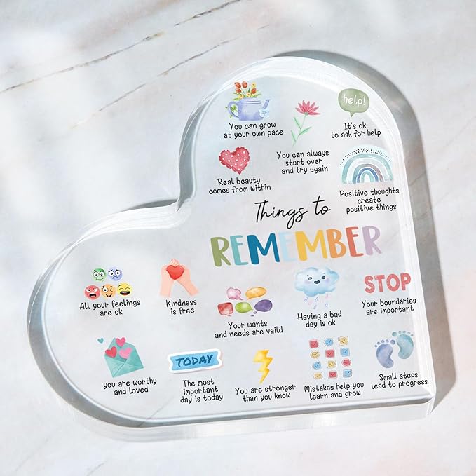 Mental Health Gifts, Things to Remember Therapy Anxiety Decor, Mental Health Decor, Mindfulness Sign for Therapy Office Acrylic Heart Gifts, School Counselor Sign, Psychology Therapy Gift