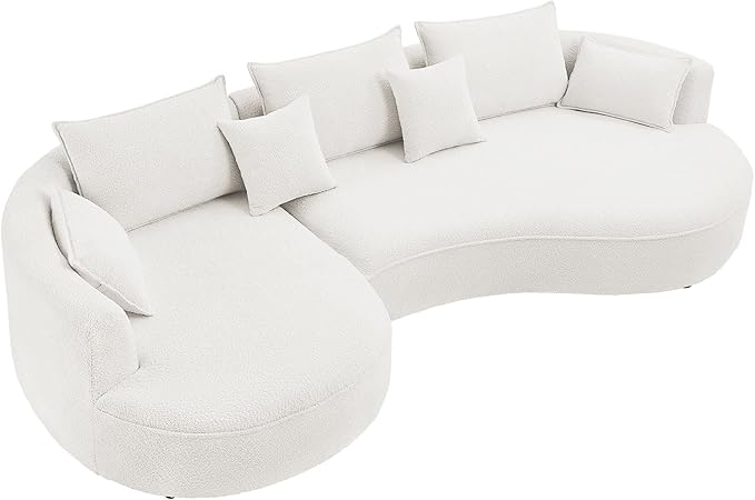 128'' Modern Curved Cloud Sofa Luxury Living Room 5 Seater Combo Sofa Cloud Curve Design Mid Century Upholstered Sofa with Ottoman for Living Room Bedroom Apartment (Boucle+Right Facing, White)