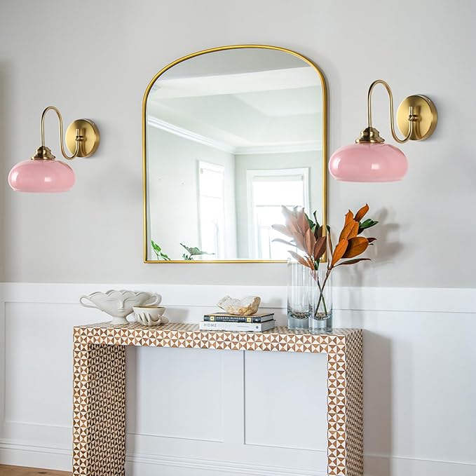 KCO Lighting Pink Wall Sconce Brushed Gold Bathroom Light Fixtures Glass Globe Wall Light Mid Century Modern Wall Sconce Vintage Bathroom Sconces Wall Lighting Set of 2
