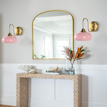 KCO Lighting Pink Wall Sconce Brushed Gold Bathroom Light Fixtures Glass Globe Wall Light Mid Century Modern Wall Sconce Vintage Bathroom Sconces Wall Lighting Set of 2