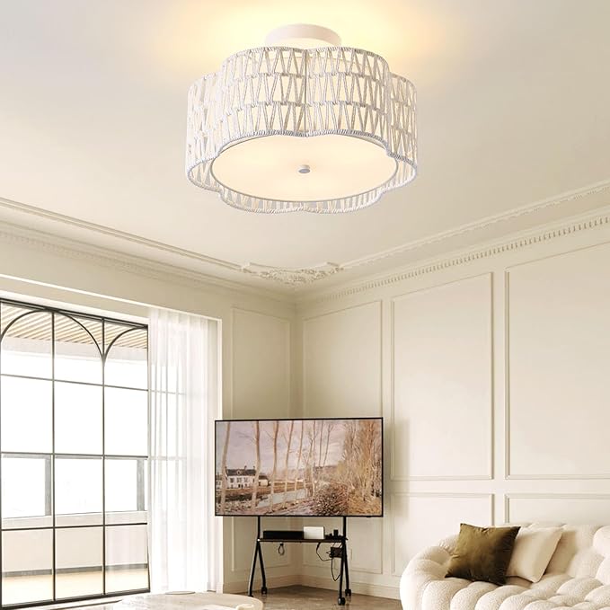 13.4" Boho Light Fixtures Flush Mount, 3-Light Rattan Ceiling Light Fixtures Flush Mount Gold for Bedroom, Flower-Shaped Close to Ceiling Light Fixture for Hallway Kitchen Dining Room(White)