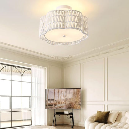 13.4" Boho Light Fixtures Flush Mount, 3-Light Rattan Ceiling Light Fixtures Flush Mount Gold for Bedroom, Flower-Shaped Close to Ceiling Light Fixture for Hallway Kitchen Dining Room(White)
