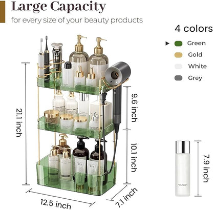 Aveniee Bathroom Counter Organizer,3 Tier Skincare Perfume Countertop Storage with Hair Dryer Rack and Toothbrush Holder, Cosmetic Makeup Tray for Vanity - Green