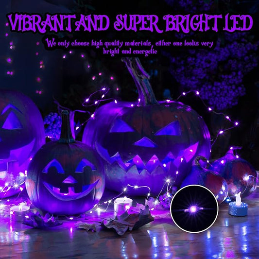 Brightown 24 Pack Fairy Lights Battery Operated, Halloween String Lights Waterproof Black Wire 7 ft 20 LED Firefly Starry Lights for Hallowen Decorations DIY Paper Lantern Craft Pumpkin (Purple)