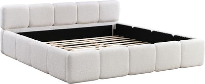 Christopher Knight Home Hazel King Size Platform Bed, Boucle Thick Headboard and Footboard, Upholstery Grounded Beds, Block Style, Wood Slats Panel Support, No Spring Box Needed, Easy Assembly, White
